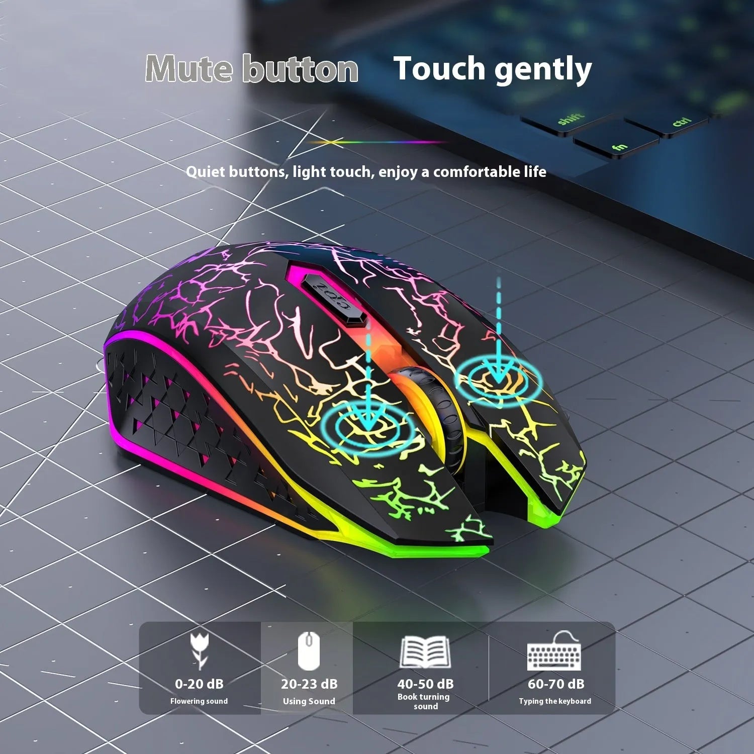 Black and white rechargeable wireless gaming mouse with RGB breathing light on desktop