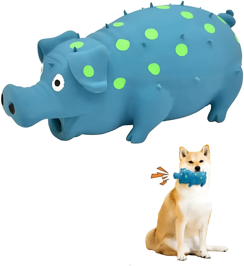 Pig-shaped latex dog chew toy with squeaker in various colours measuring 20x10cm