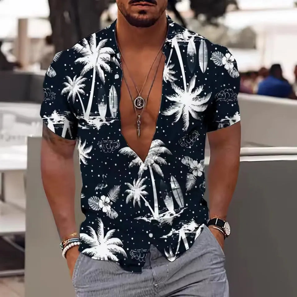 Men's loose fit floral printed polyester cardigan shirt with short sleeves for summer beachwear