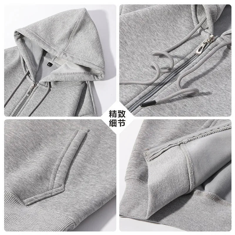 Plus size man wearing a beige zip-up hooded cardigan sweater with kangaroo pockets