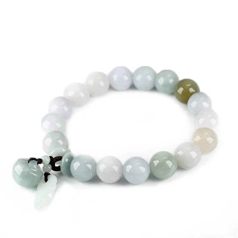 Green jade geometric bracelet with hanging Maitreya Buddha pendant on wrist