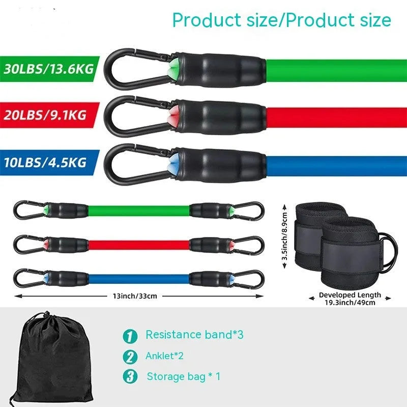 TPE resistance band set with three tension levels and ankle loops for leg exercises