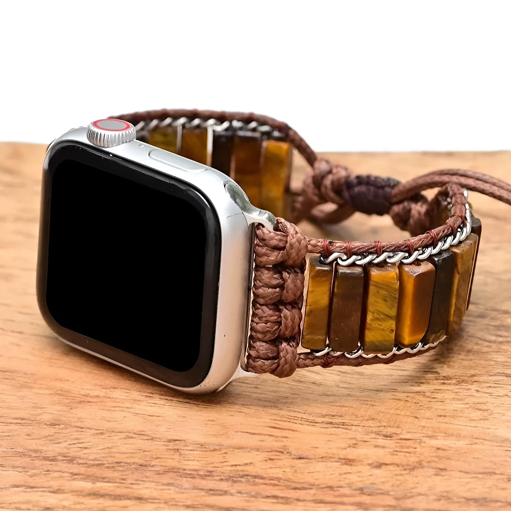 Rectangular tiger eye stone chain on a brown textile adjustable watch strap for men.