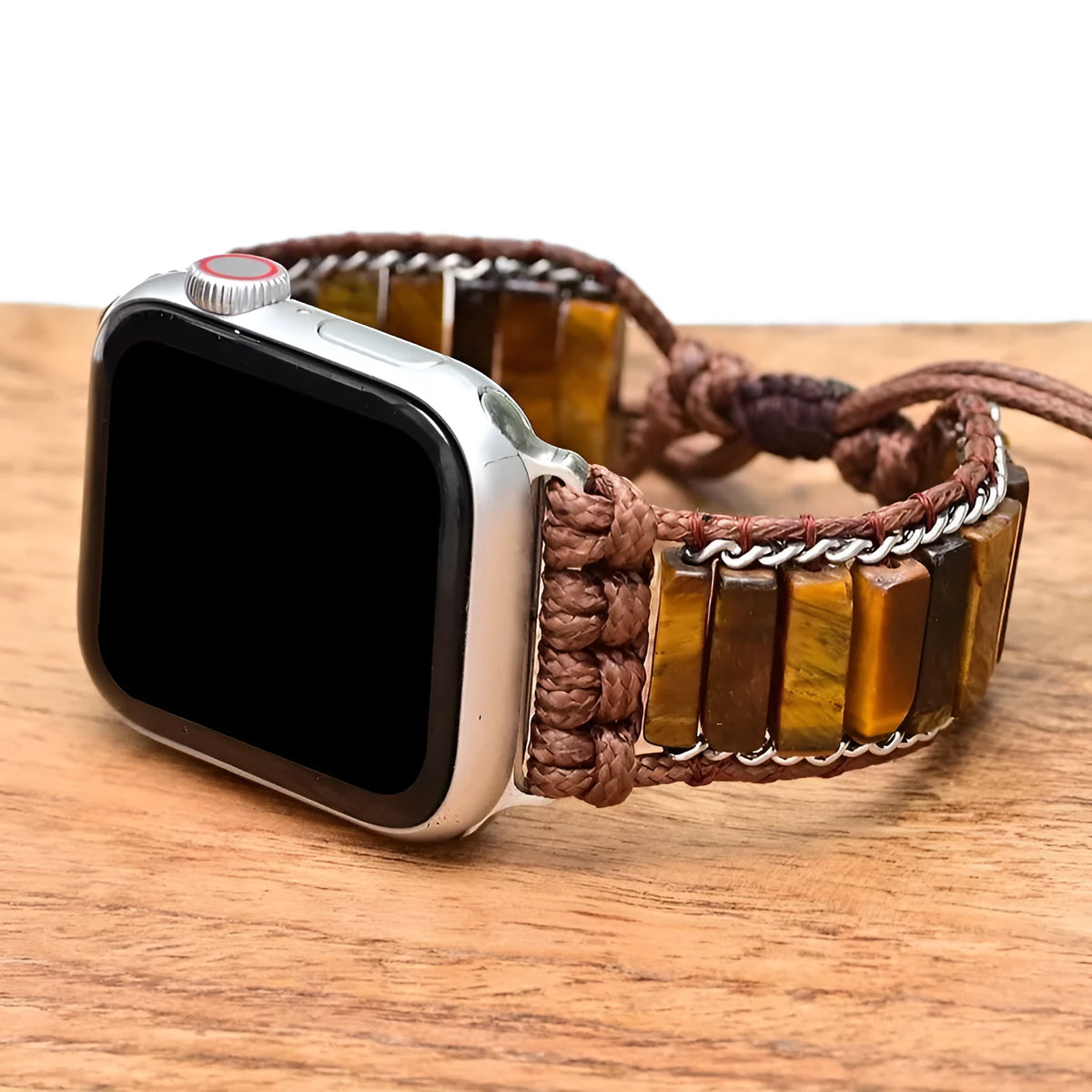 Rectangular tiger eye stone chain on a brown textile adjustable watch strap for men.