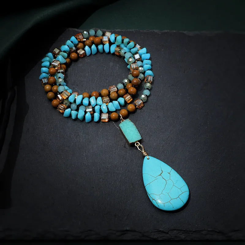 Blue turquoise water drop pendant necklace with ball bead chain over 81cm length