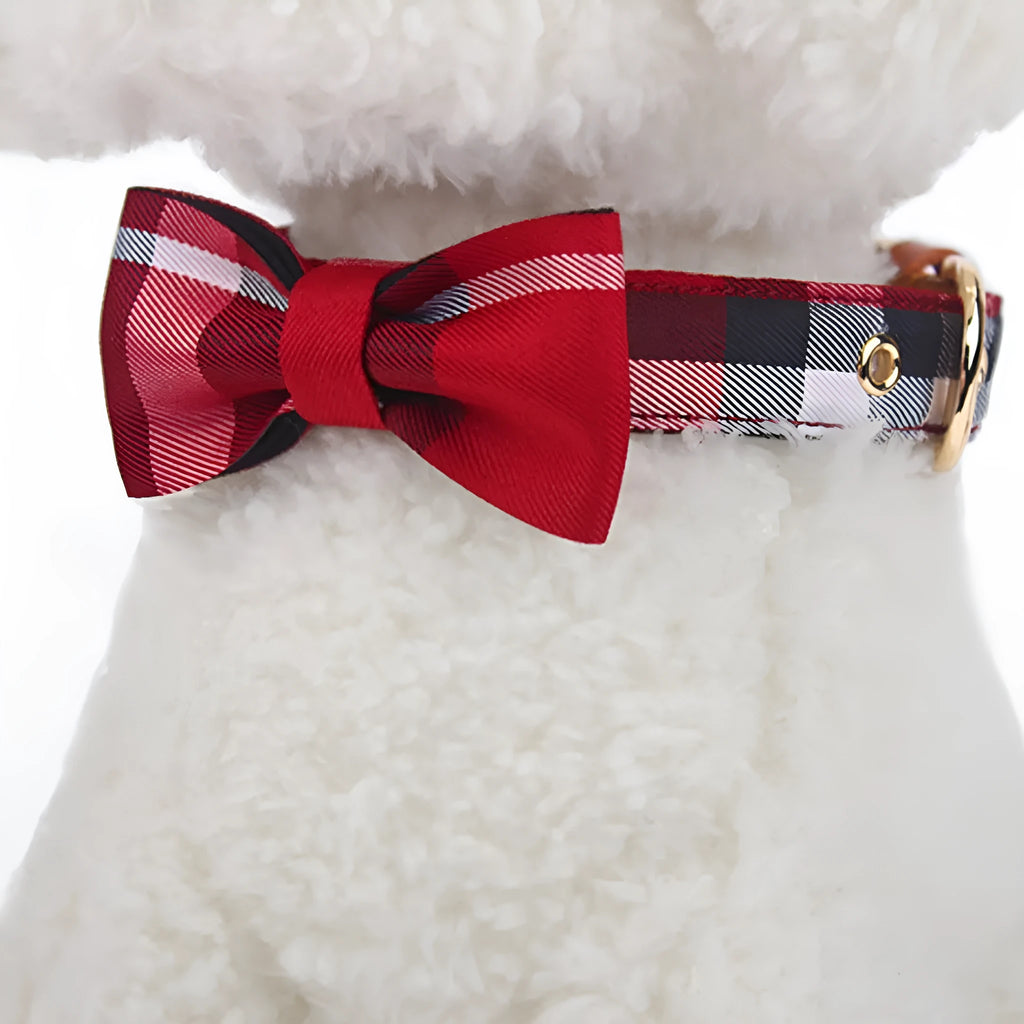 Pet tie collar with drawable mesh bow and leather stitching in Classic Khaki, Bordeaux Red or Rhine Blue, sizes XS M S
