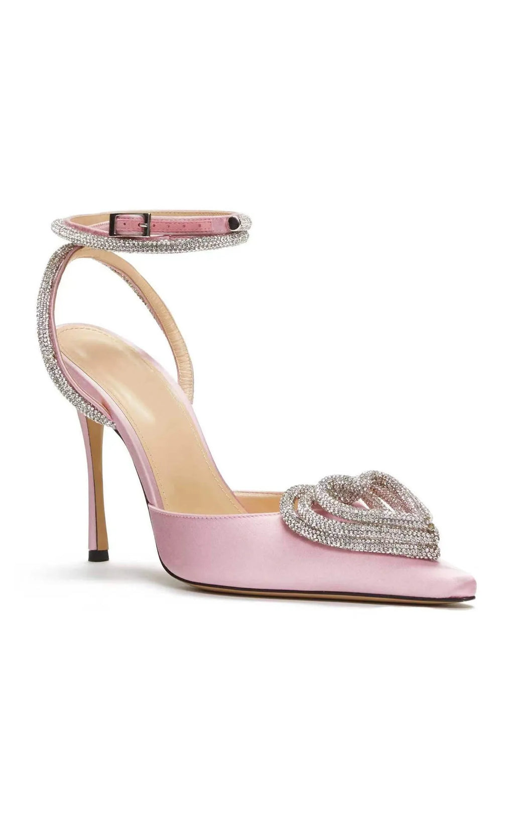 Women's heart-shaped rhinestone sandals with pointed toe design in black, pink or white satin