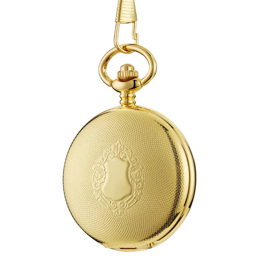 Retro floral print automatic mechanical pocket watch in alloy case with transparent back.