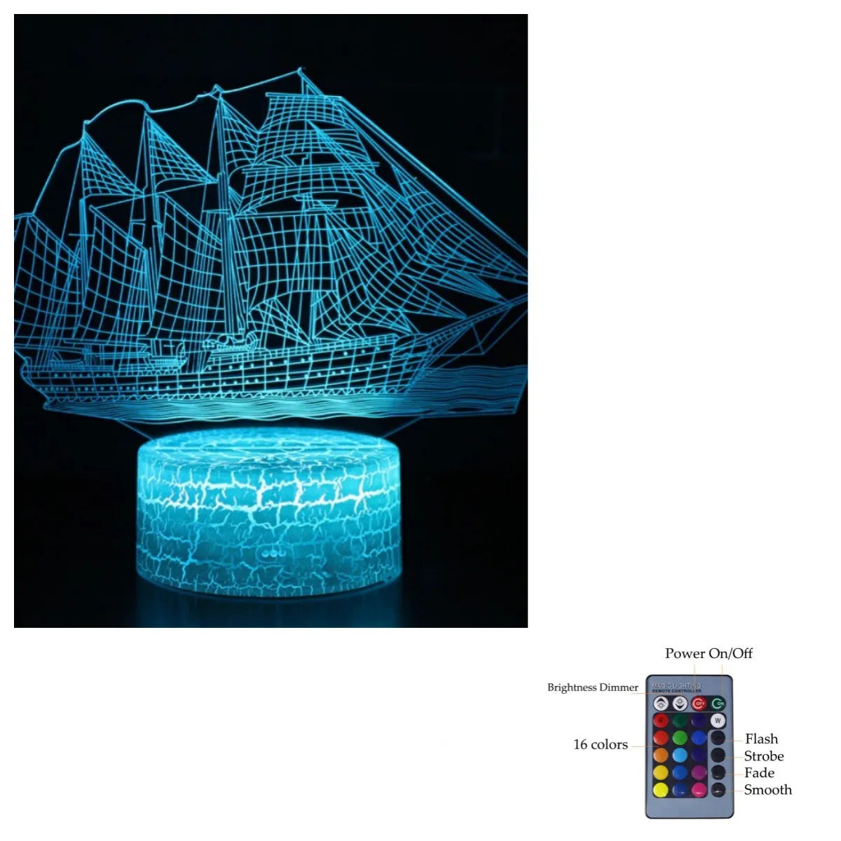 Creative sailing 3D light with ABS base, touch or remote control, 16 colour option, and USB cable