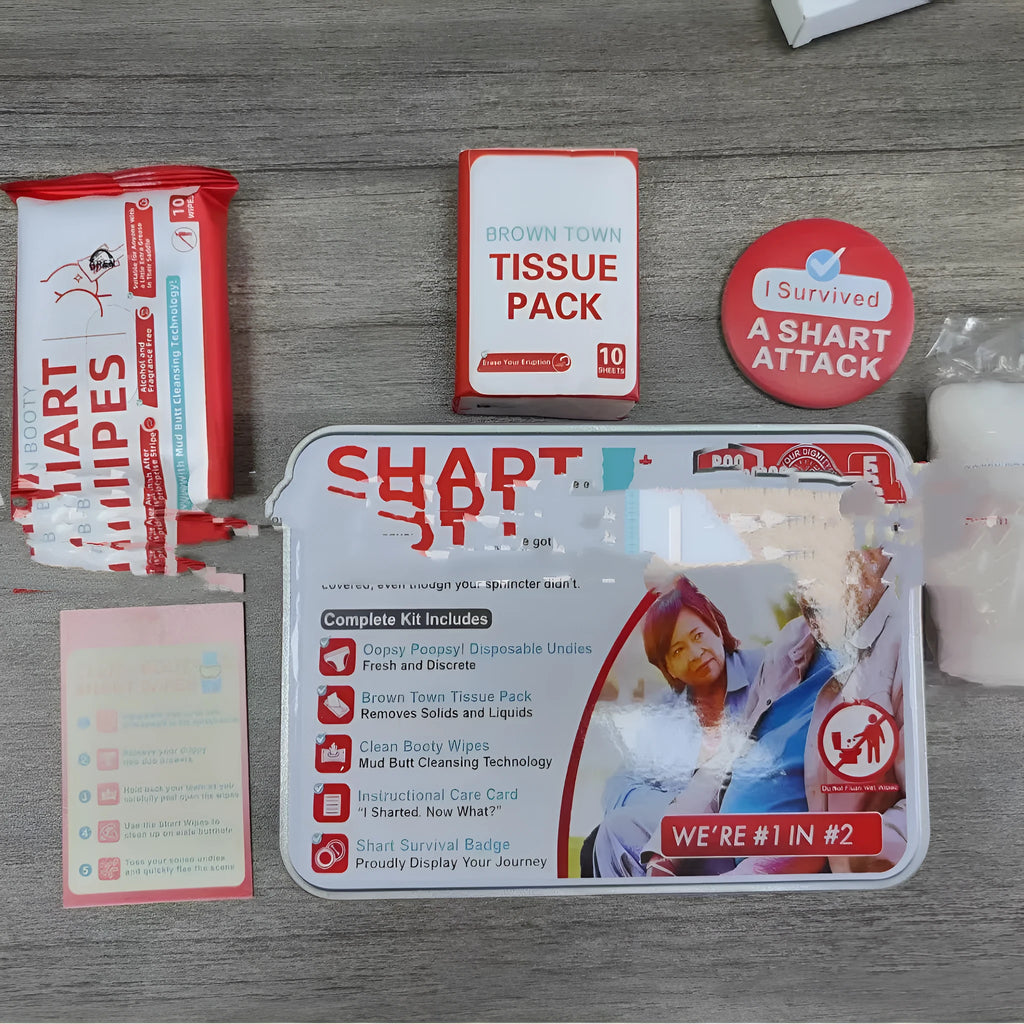 Poop gift set survival kit with wet wipes, dry wipes, disposable underwear, badge and instruction card, 276g, 17x12x4cm