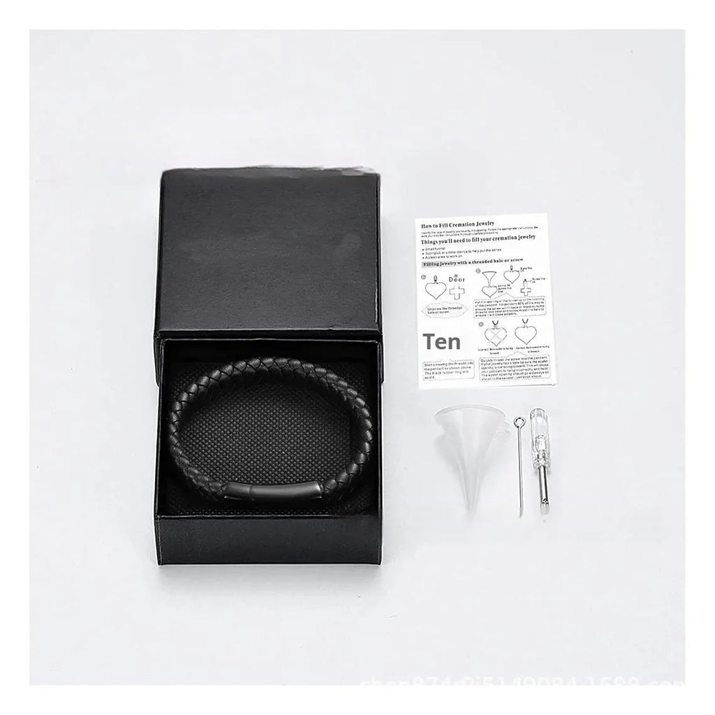 Black leather and stainless steel woven memorial bracelet with personalised lettering