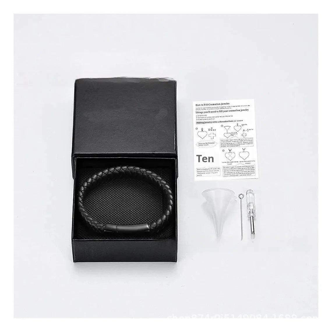 Black leather and stainless steel woven memorial bracelet with personalised lettering