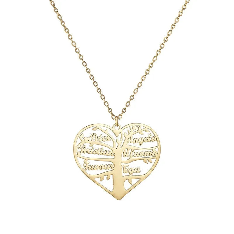 Custom stainless steel name necklace featuring a hollow heart and detailed life tree pendant in silver, gold, or rose gold.