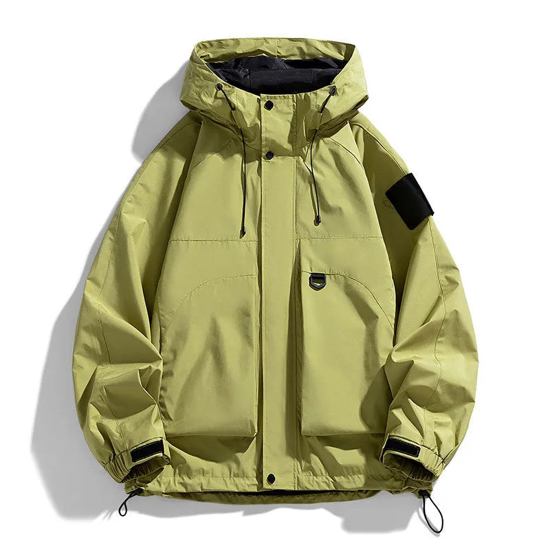Men's hooded windproof waterproof jacket in chemical fibre blend available black purple ginger yellow