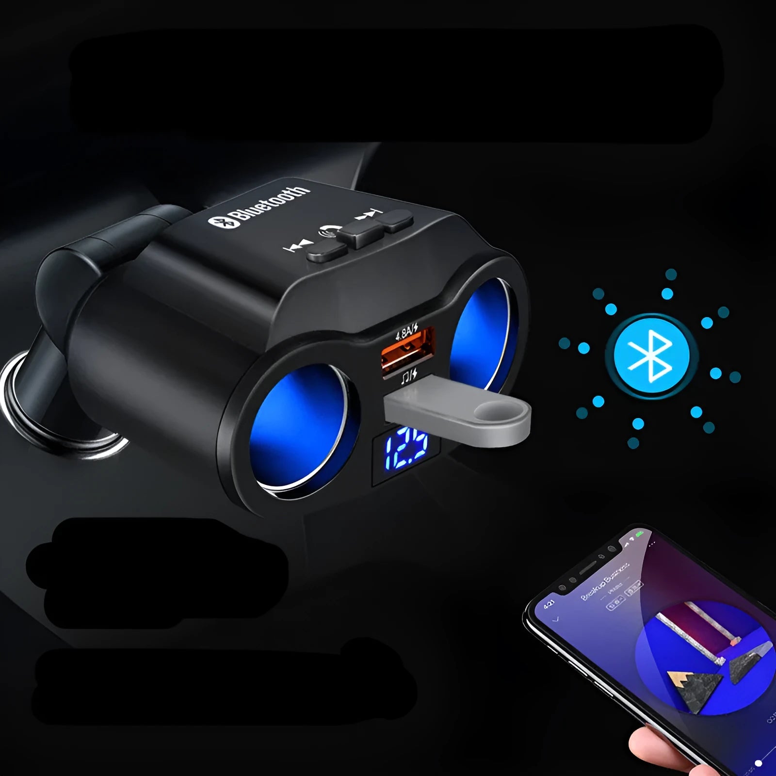 Car Bluetooth and FM transmitter MP3 player plugged into a car cigarette lighter socket.