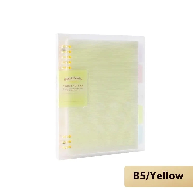 Refillable A5 and B5 spiral notebook with PP cover, shown in pastel cookie blue and plaid impression designs with loose-leaf paper.