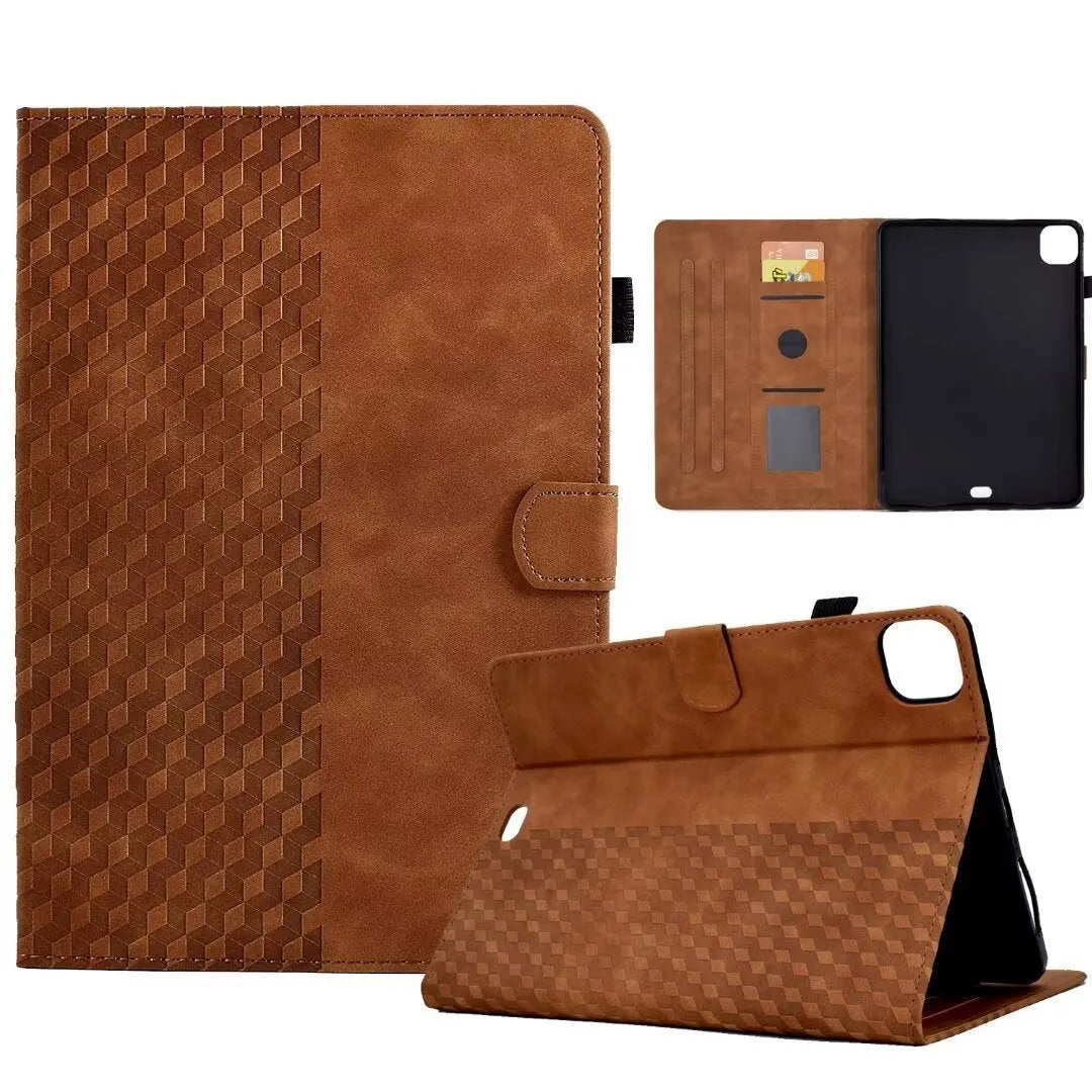 iPad Pro 11 leather case with diamond frosted texture showing card slots and adjustable stand mechanism