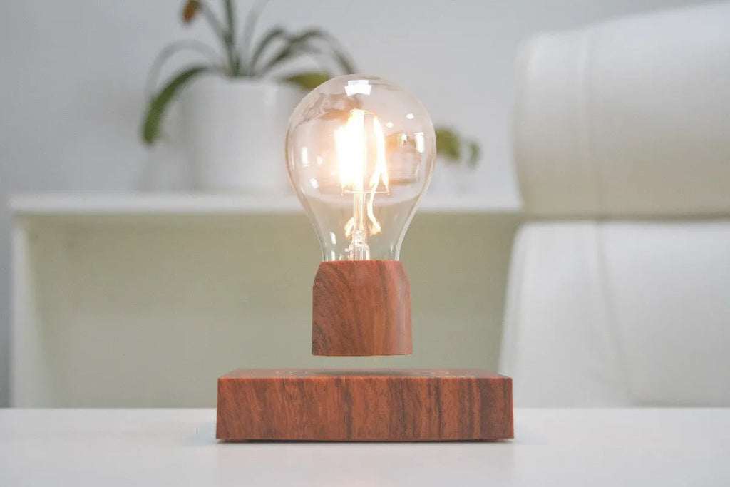 Magnetic levitation floating light bulb on an imitation wood base with multiple international plug options