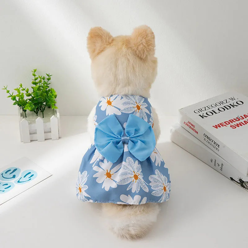 Floral butterfly knot polyester pet dress for dog or cat in blue bow colour