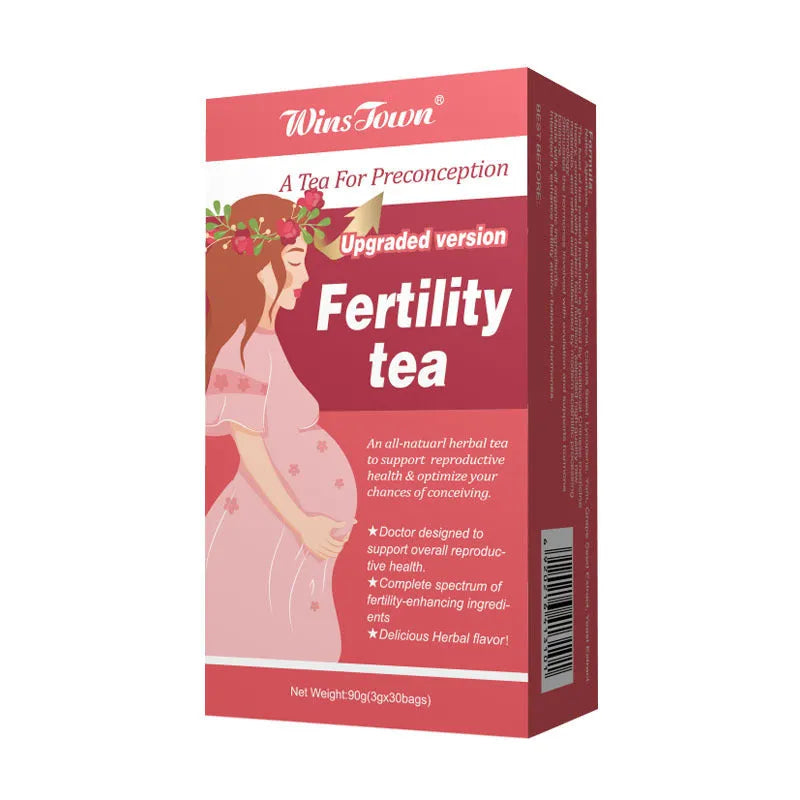 Fertility tea box with 3x30 bag packaging showing 90 individual tea bags for reproductive wellness support