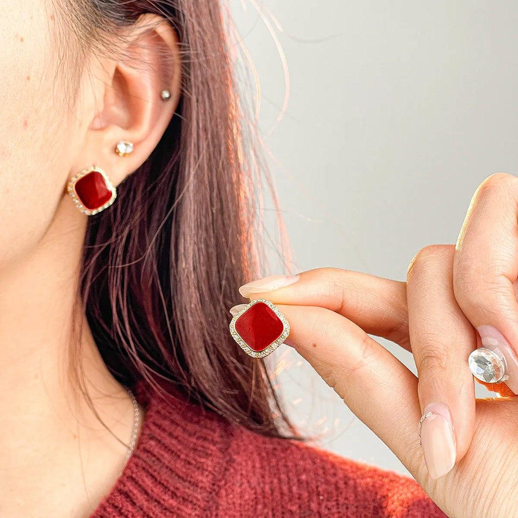 Red square geometric alloy earrings with inlaid design, retro style women's jewellery