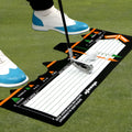 Black neoprene golf swing stance training mat with alignment markings for posture correction