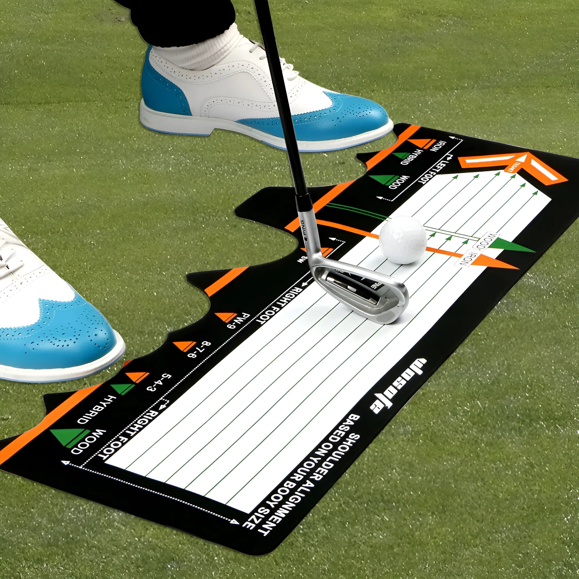 Black neoprene golf swing stance training mat with alignment markings for posture correction