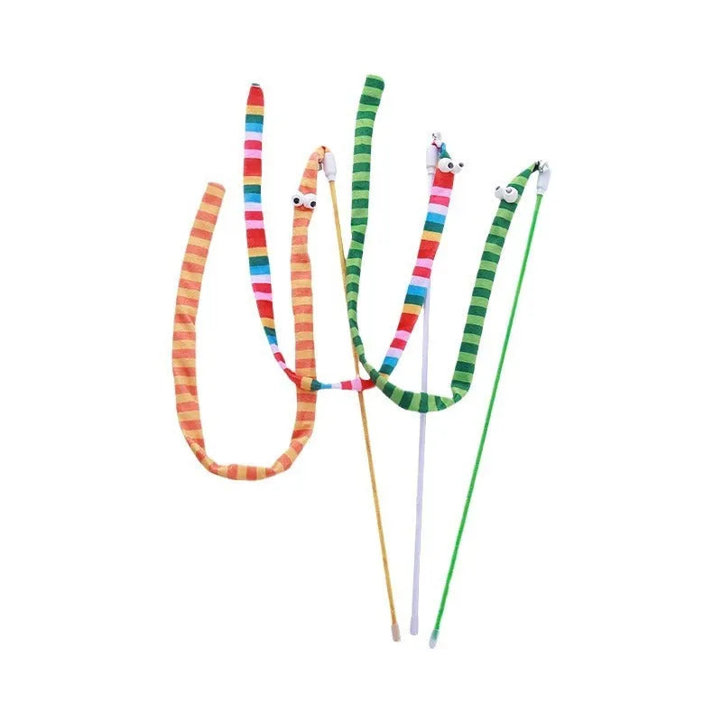Cat wand toy with long plush strip teaser in green, orange, or rainbow colours.