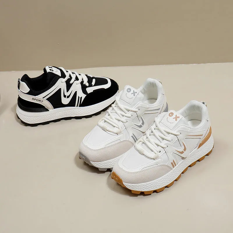 Women's black platform casual shoes with lace-up front and flat heel