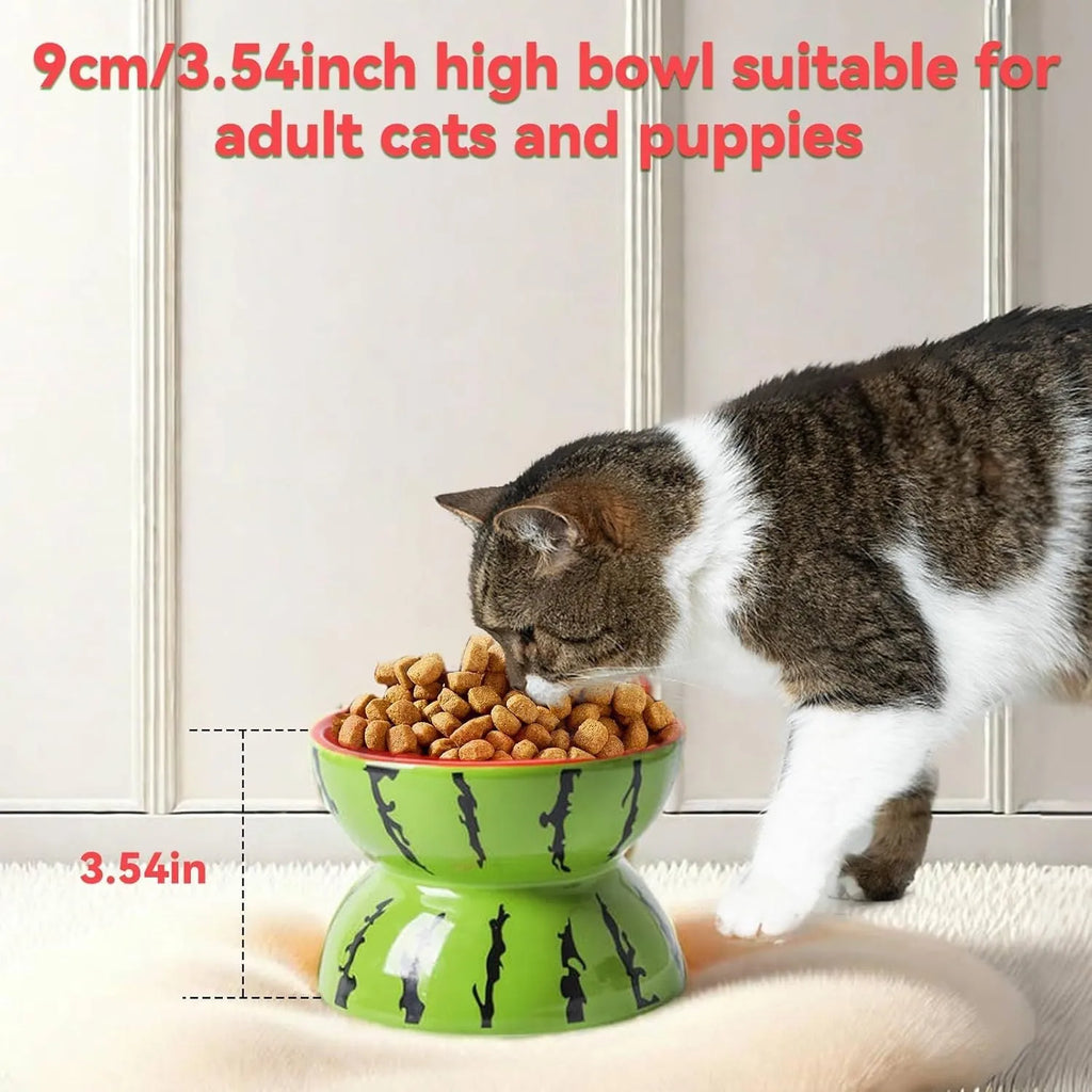 Ceramic tilted and elevated cat food bowl in orange pattern with non-slip base.