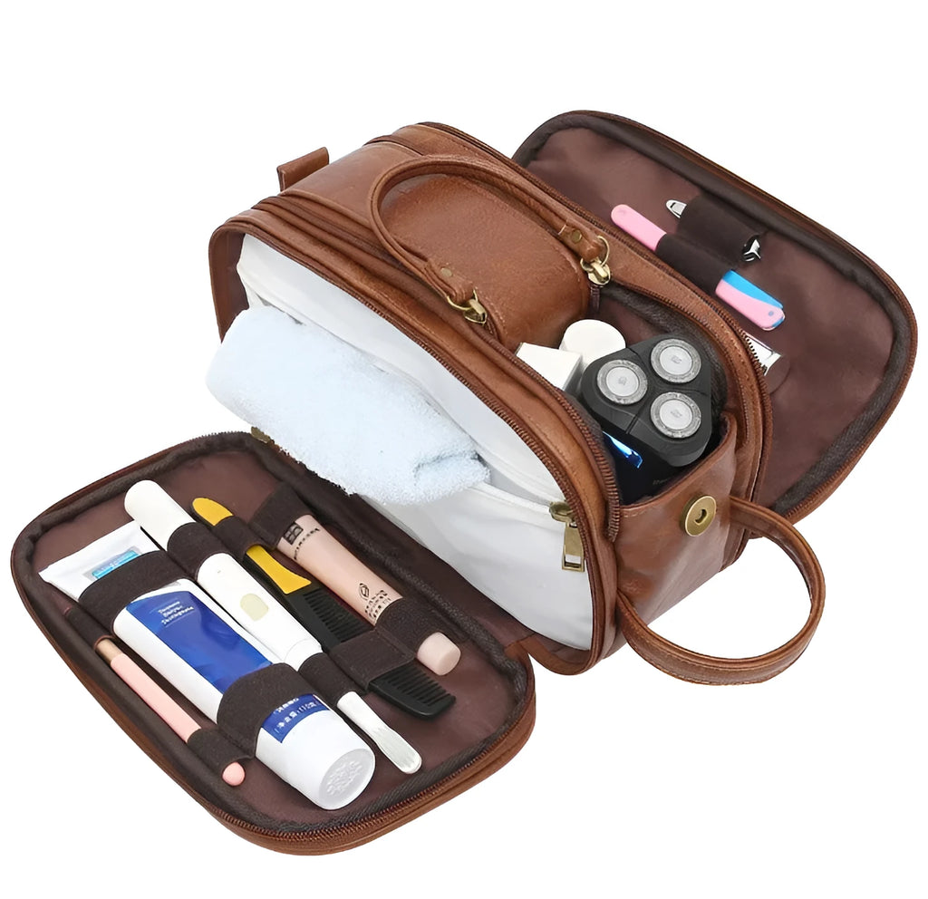Men's black toiletry travel bag made from Pu material with solid colour design