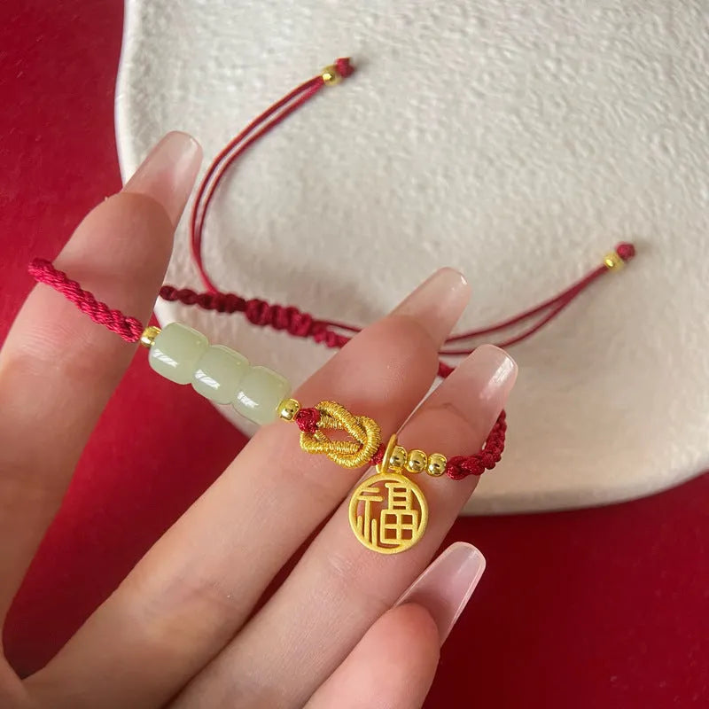 Red rope woven bracelet with copper-plated gold blessing card strap and Chinese character modelling for women.