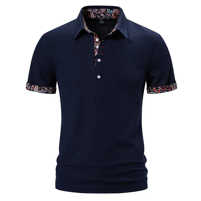 Men's cotton blend polo shirt in navy blue with short sleeves and a turnover collar.
