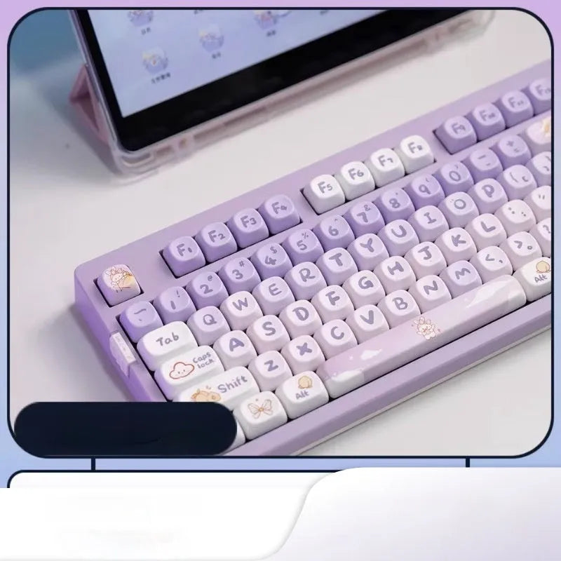 Set of PBT plastic key caps with a gradient purple and white rabbit character design for mechanical keyboards.