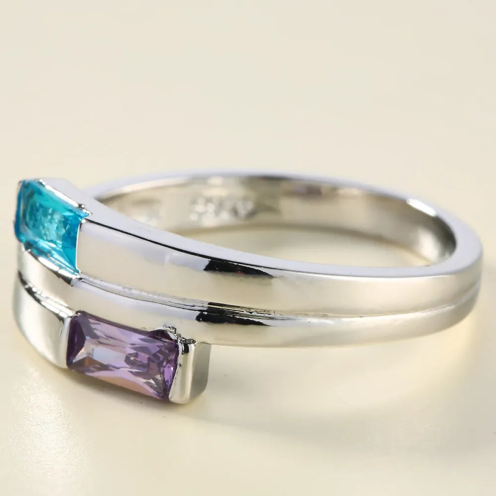 Silver electroplated copper ring with zircon inlaid detailing in European American style