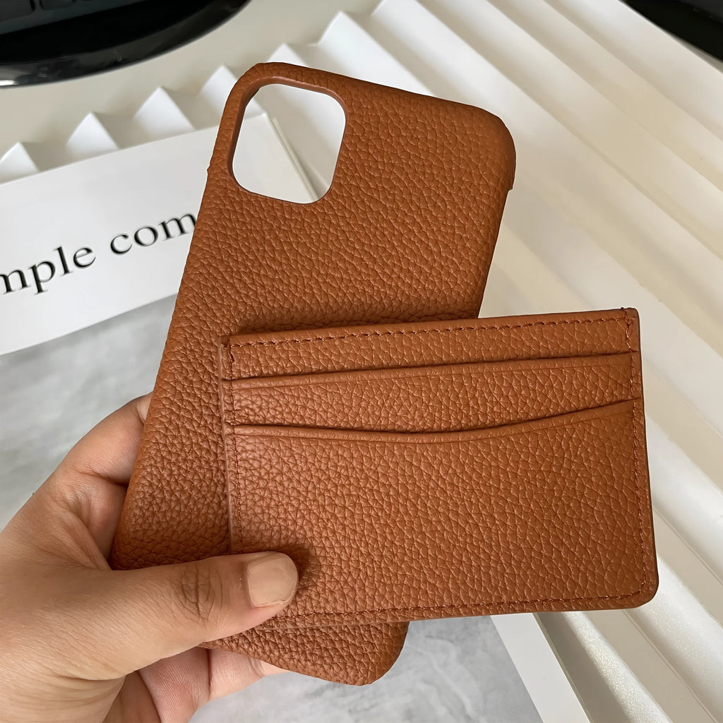 Genuine leather iPhone case gift set with matching keychain and card holder in a selected colour