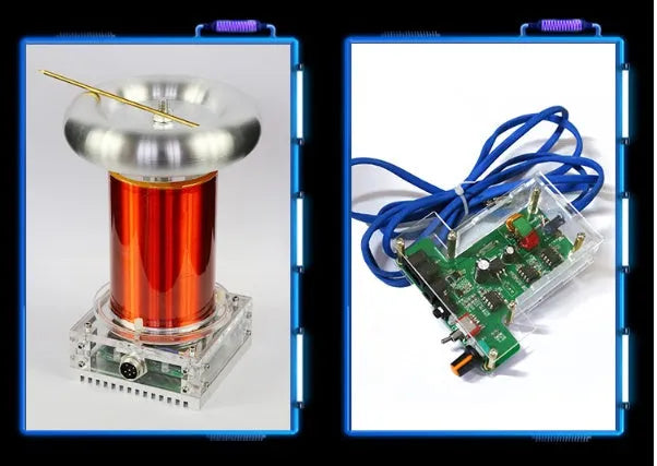 Music Tesla coil driver board with controller and cables for 20cm high-voltage arc displays.
