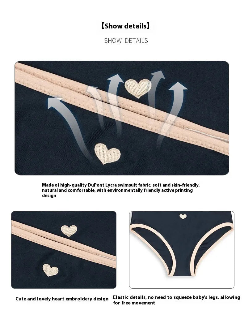 Girls' dark blue split swimsuit briefs style for ages 1-6 years with high elasticity polyester and Lycra fabric