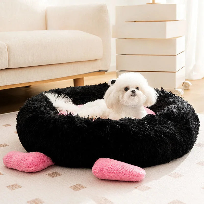 Elf briquettes pattern plush pet bed sleeping mat in blue, pink or yellow colours showing kennel-style raised sides