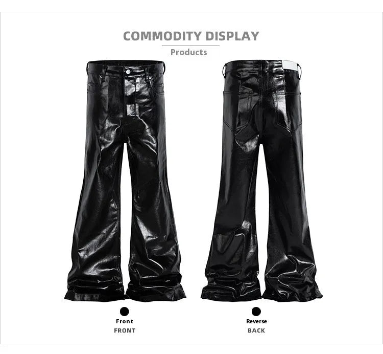 Black coated shiny patent leather straight leg skinny jeans on a hanger.