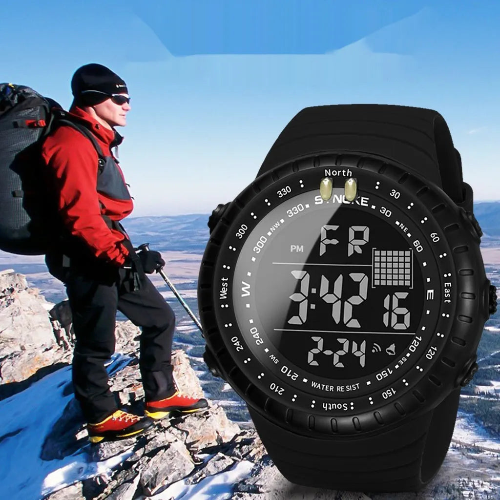 Black men's outdoor digital watch with large 54.74mm dial and WR50M waterproof rating