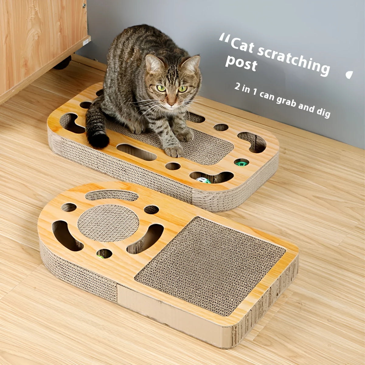 Corrugated paper cat scratch board with interactive ball in bullet plate style