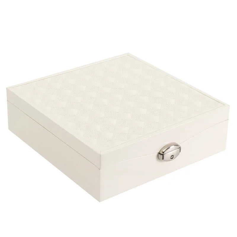 Red PU leather jewelry storage box with compartments for necklaces and rings