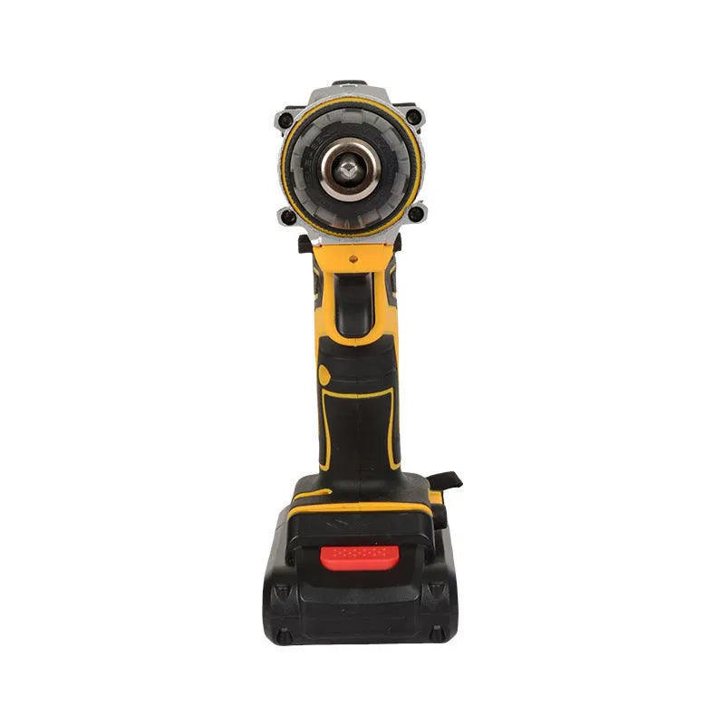 Multifunctional lithium electric drill screwdriver set with rechargeable battery, three-jaw chuck, and plastic storage box.