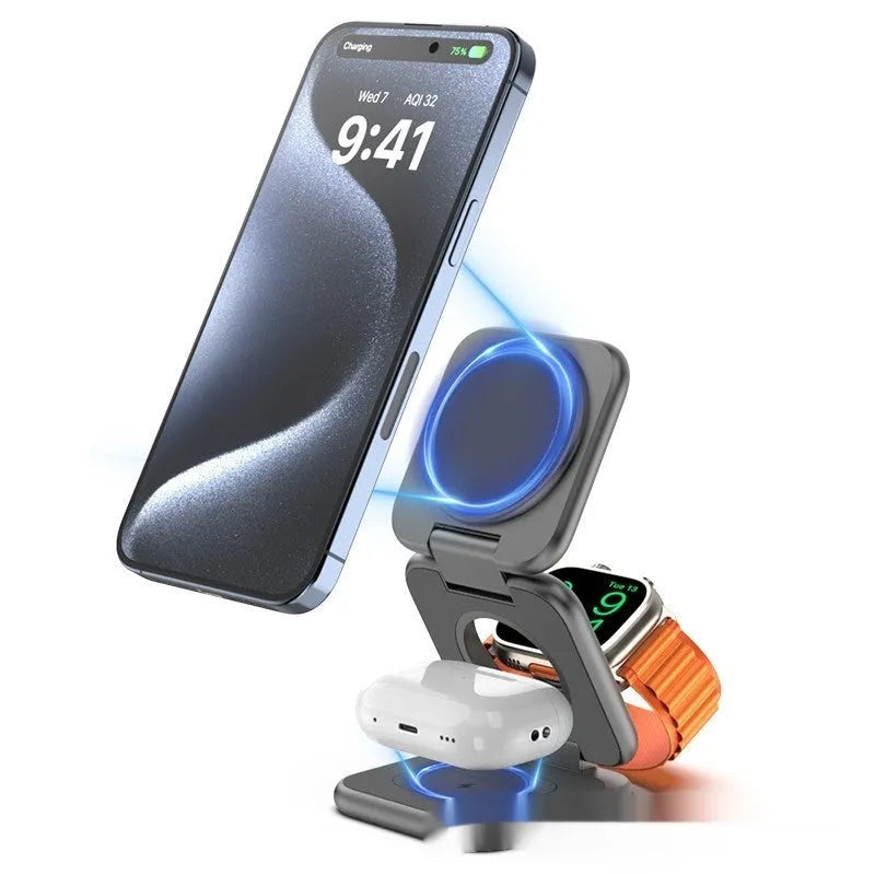 White foldable magnetic wireless charging phone holder showing adjustable stand with phone attached