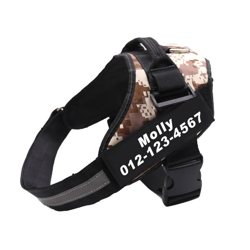 Personalized no-pull dog harness in black with reflective straps and adjustable chest strap