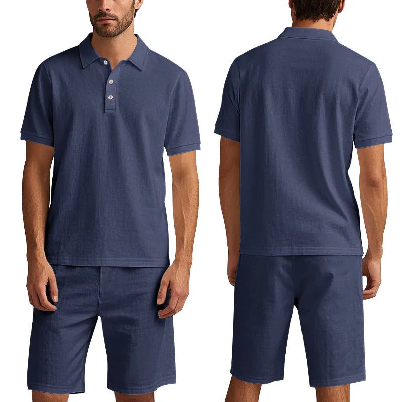 Men's light grey linen blend short sleeve top and shorts summer suit set on a hanger.