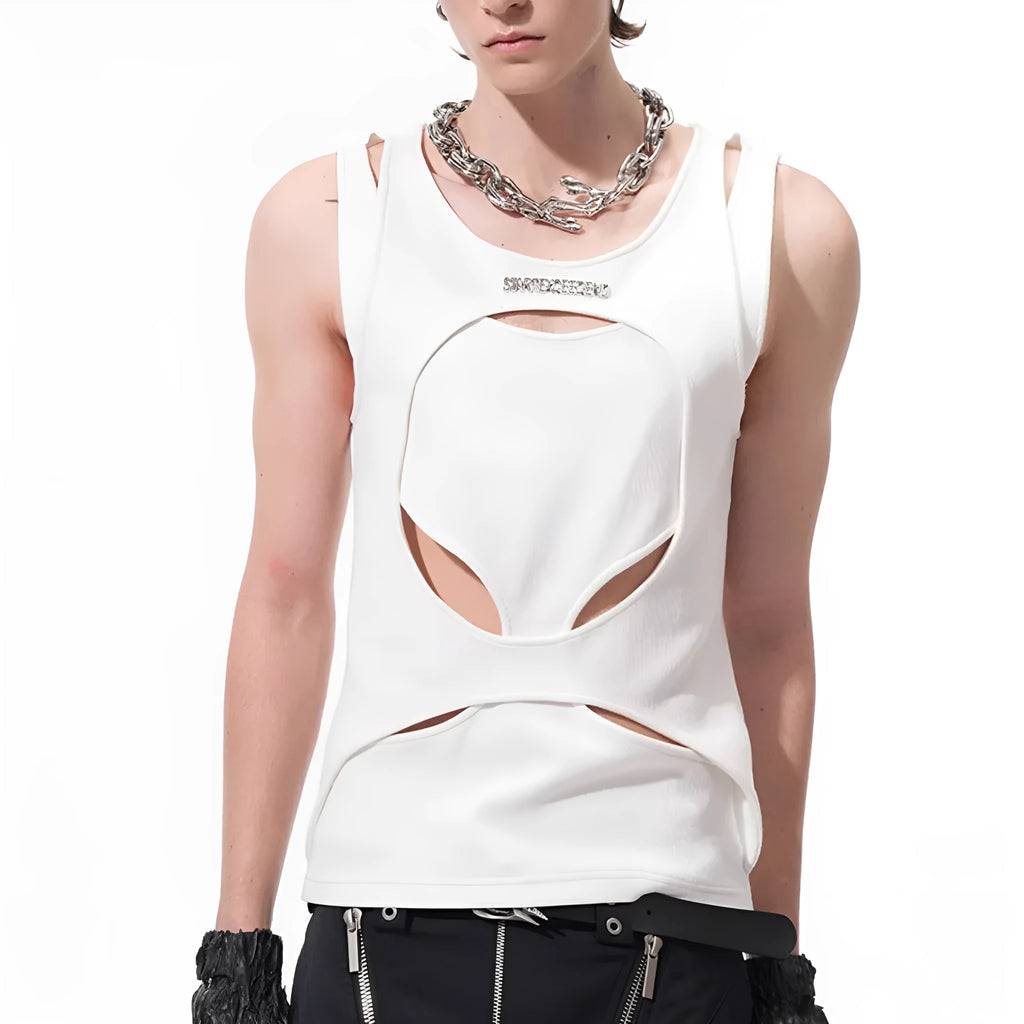 Man wearing a loose-fitting white sleeveless hollow-out thread waistcoat with a round neck.