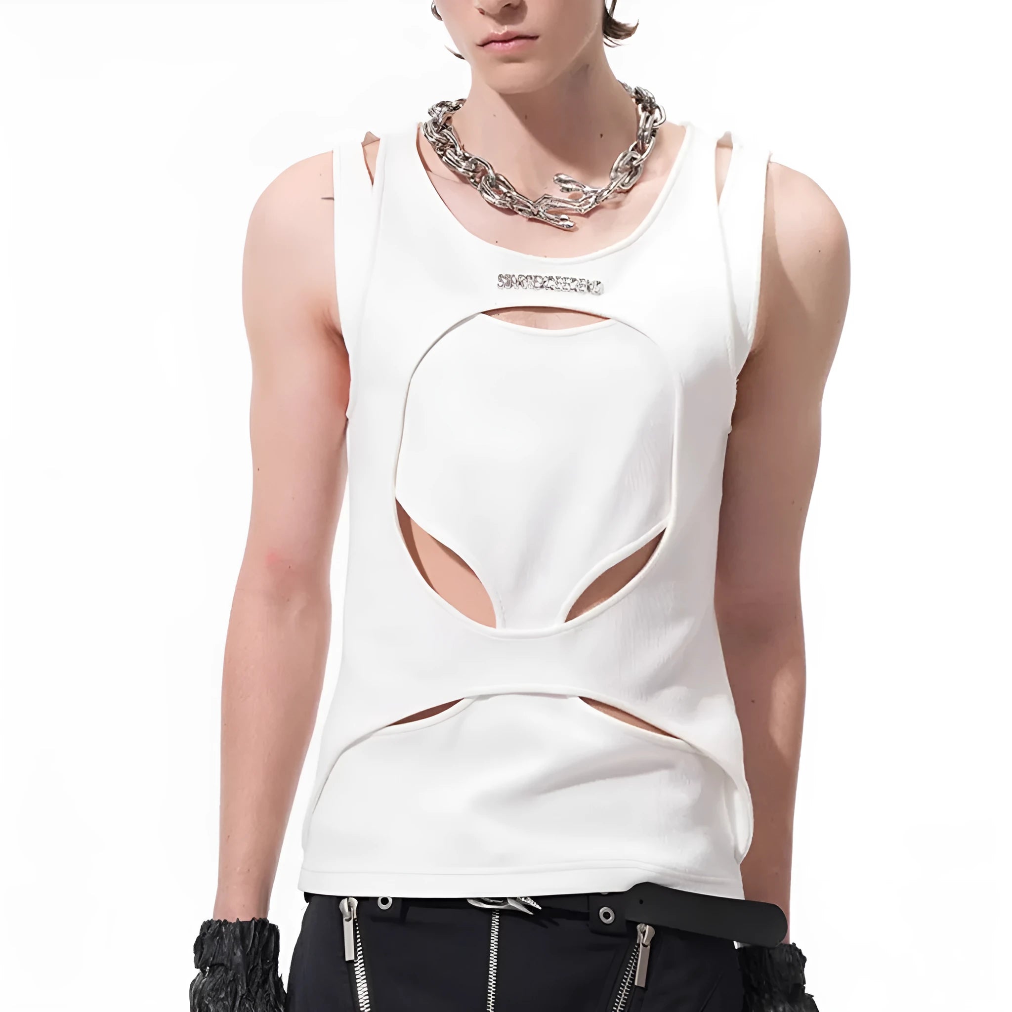 Man wearing a loose-fitting white sleeveless hollow-out thread waistcoat with a round neck.