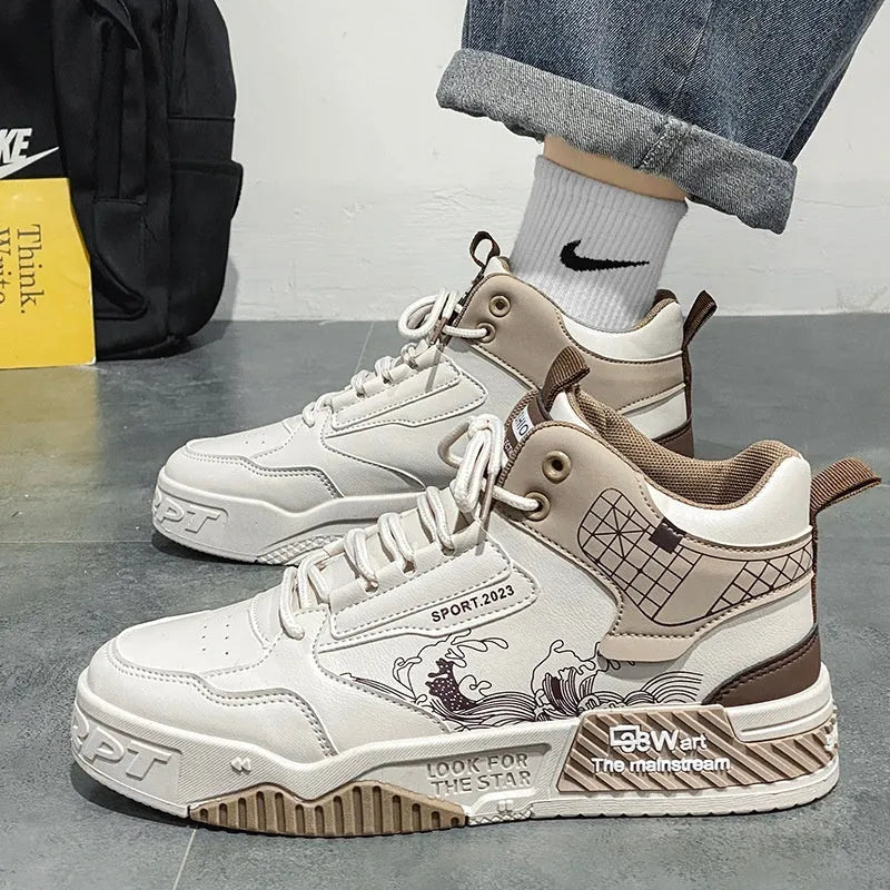 Men's increased height board shoes in beige, white, or blue with rubber soles and mesh lining